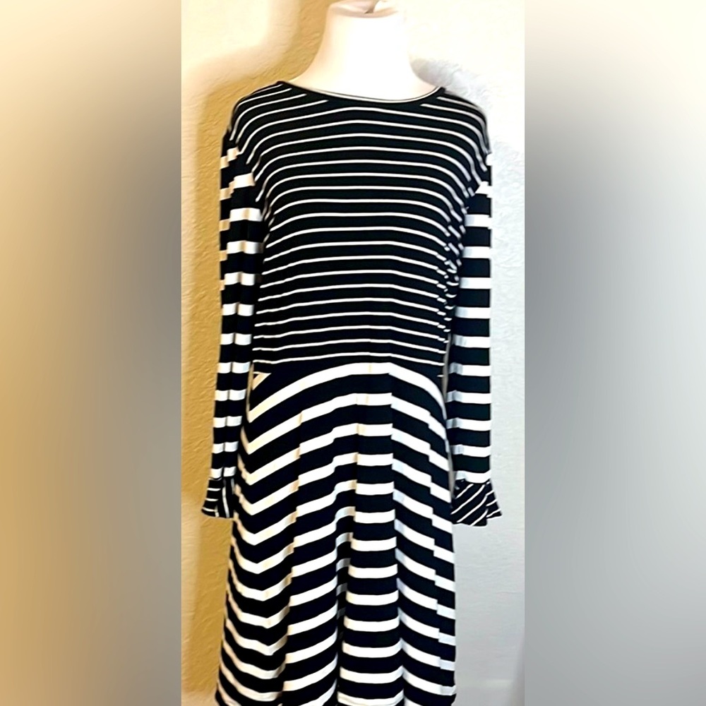 LOFT Black and White A-Line Long Sleeve Dress